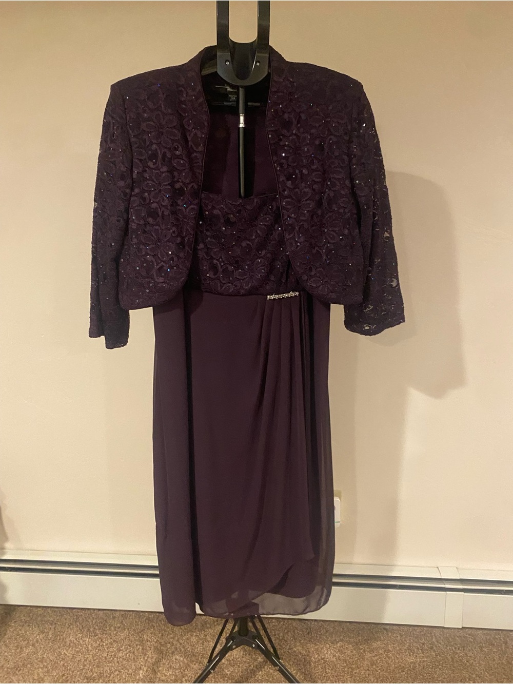 R&M Richards Plum Embellished Midi Dress with Bolero